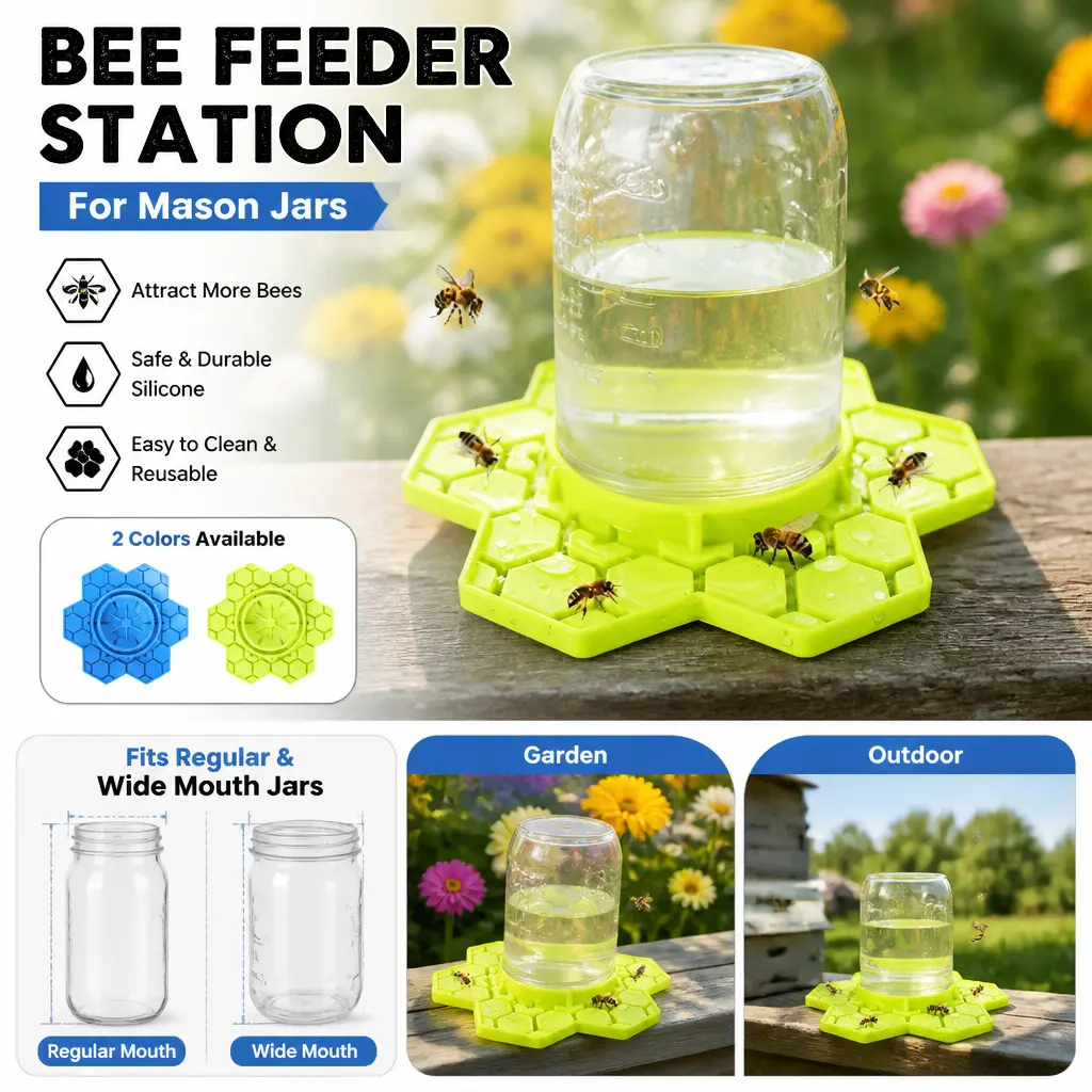 2-Pack Mason Jar Bee Feeder - Silicone Watering Station with Hexagonal Grooved Base, Safe Drinking Design, Easy to Clean & Reusable, Fits Jars (Regular-Wide Mouth), Less Refilling, 2 Colors, Outdoor Garden Beekeeping Supply, Honeycomb, Attract More Bees,