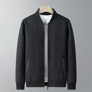 Men's Spring Autumn Winter Black Jacket - Plaid Pilot Style, Full Zip & Zipper Pockets