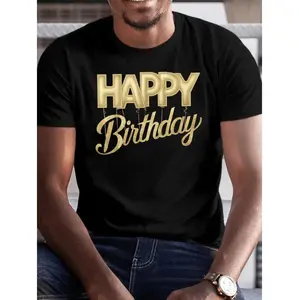 Men's Royal Blue "Happy Birthday" Golden Cursive Tee - Casual Polyester Short Sleeve T-Shirt with Balloon & Star Print, Machine Washable for Summer Celebrations, Birthday Shirt