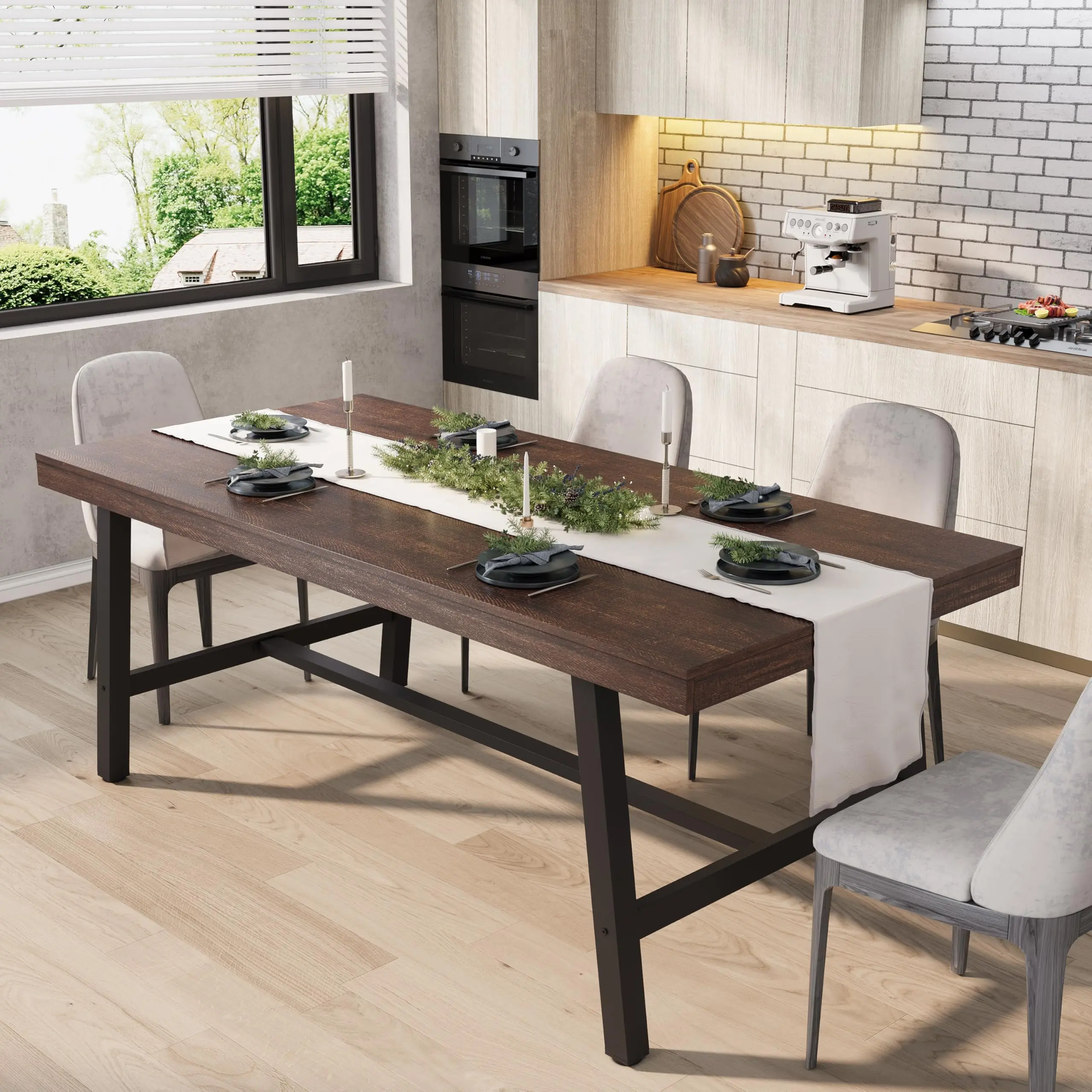 Garvee Industrial Dining Table for 6-8 People, 70.87" Large Wooden Kitchen Table with Sturdy Metal Frame, Long Rectangular Design for Dining Room and Kitchen, Dark Rustic Birch Finish, Dining Tables