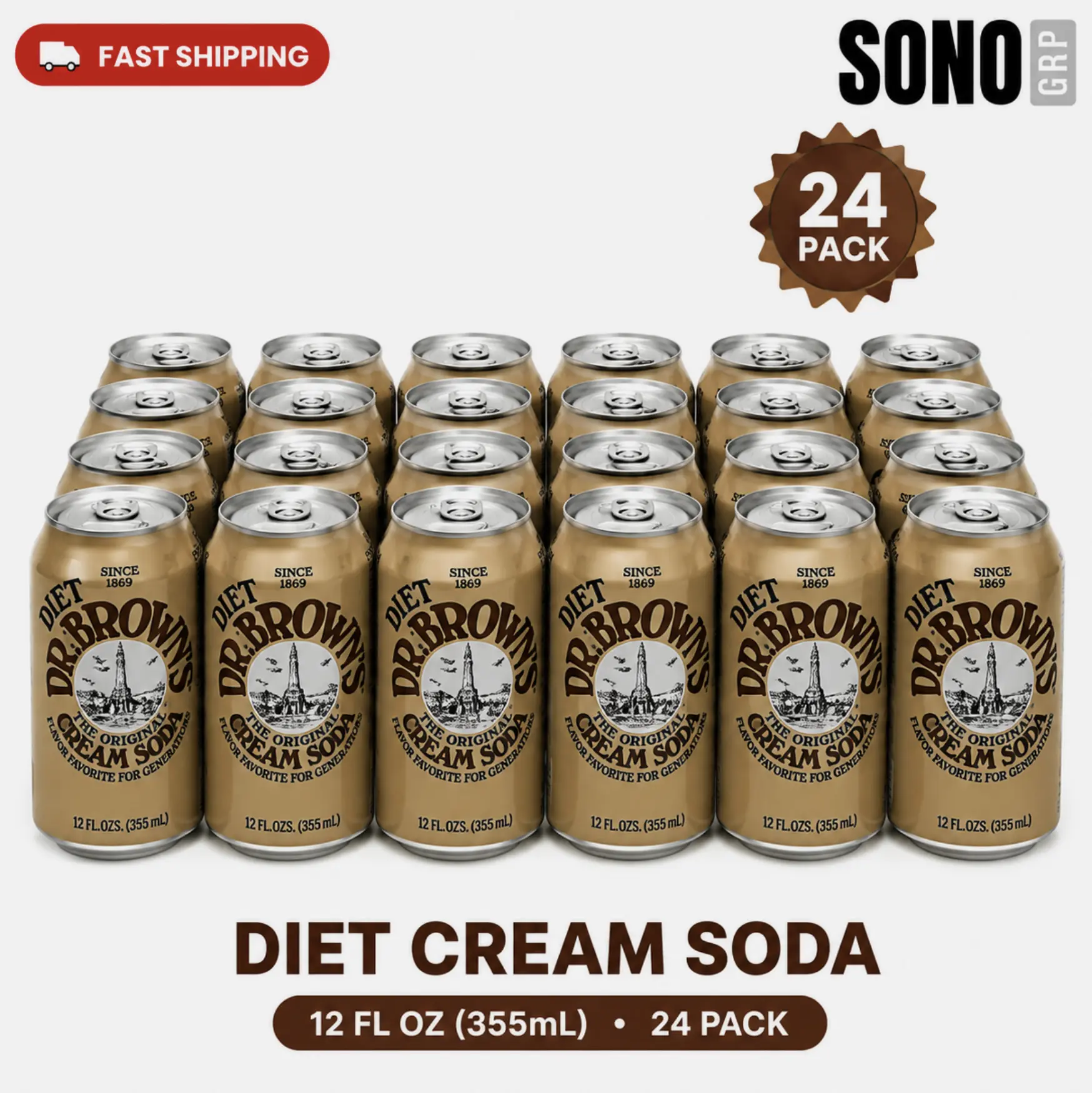 Dr. Brown's Diet Cream Soda 12oz/24 Pack - Kosher, Vanilla Cream Craft Soda Pop - Gourmet Cream Soda