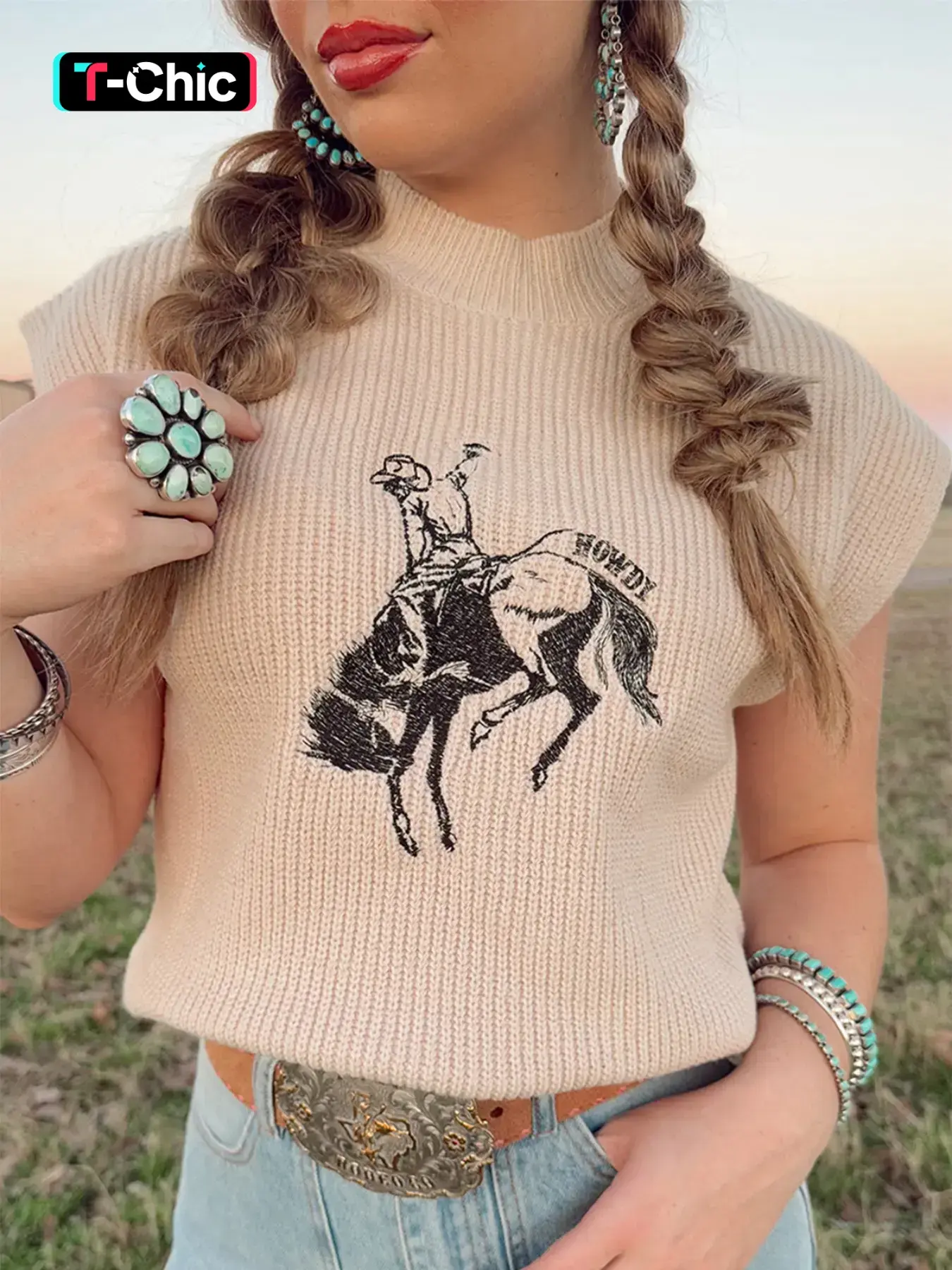 Women's Oatmeal Western Style Denim Pattern Embroidered High Neck Short Sleeve Knitwear Sweater, Loose Casual Fashion Top for Women, Perfect for Daily Wear