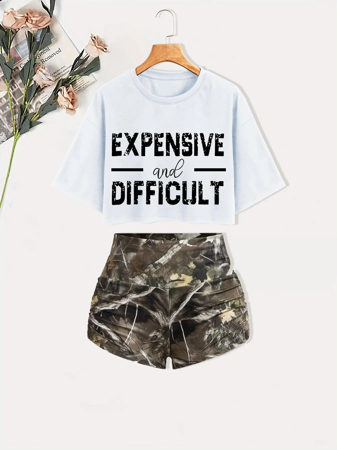Women's Letter Print Round Neck Lightweight Loose Cropped Tee & Camouflage Print Ruched Shorts Two-piece Set, Summer Matching Set, Casual Style Drop Shoulder Short Sleeve T-shirt & Shorts for Daily Outdoor Wear, Ladies Summer Clothes, Two pieces sets
