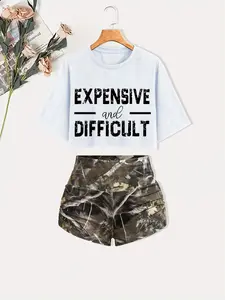 Women's Letter Print Round Neck Cropped Tee & Camouflage Print Ruched Shorts Two-piece Set, Casual Fashion Drop Shoulder Short Sleeve T-shirt & Shorts for Daily Outdoor Wear, Ladies Summer Clothes, Womenswear