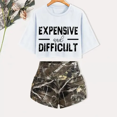 Women's Letter Print Round Neck Lightweight Loose Cropped Tee & Camouflage Print Ruched Shorts Two-piece Set, Summer Matching Set, Casual Style Drop Shoulder Short Sleeve T-shirt & Shorts for Daily Outdoor Wear, Ladies Summer Clothes, Two pieces sets