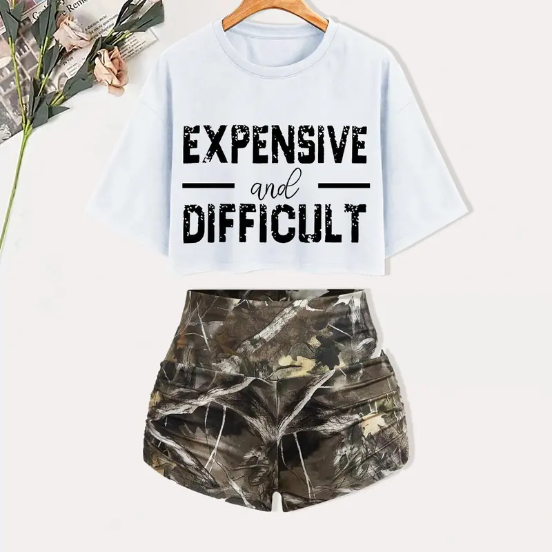Women's Letter Print Round Neck Lightweight Loose Cropped Tee & Camouflage Print Ruched Shorts Two-piece Set, Summer Matching Set, Casual Style Drop Shoulder Short Sleeve T-shirt & Shorts for Daily Outdoor Wear, Ladies Summer Clothes, Two pieces sets