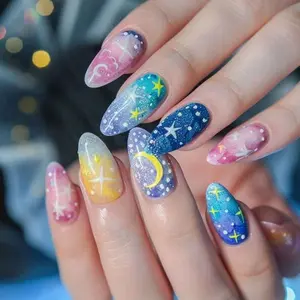 24pcs Almond Shape Nail Art, Blue Gradient Glitter, Glossy Finish, Medium Length, Daily Wear Nails, Girl Heart Star Moon Design, Nail Art Products