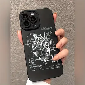 Heart Pattern Black Matte Anti-Drop Lens Protection TPU Case for iPhone 17 Pro Max 16 16e 15 14 Plus 13 12 Mini 11 Air X XS XR Straight Edge Drop-Resistant Rugged Durable Cover Shell Gift 2D printing