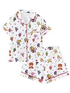 Rainbow Girl Cartoon Pajama Set – Cute Retro Collared Short Sleeve Sleepwear for Women