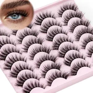 False Lashes Cateye Look Pestañas Postizas 14 Pairs 16mm Faux 3D Mink Fluffy Wispe False Eyelashes Natural Looking Fluffy Cat Eye Wispy Strip Fake Lashes Pack by EMEDA (LH04）