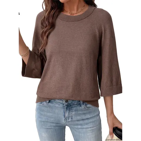 EVALESS Women's Casual Chic Knitwear Top - Silky Viscose Soft Blends Cropped Pullover, 3/4 Batwing Sleeves, Ribbed Hem Crewneck, Loose-Fit High-Stretch Minimalist Design