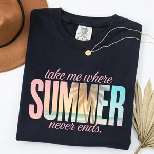 Comfort Colors Take Me Where Summer Never Ends T-Shirt, Beach Tee, Summer Graphic T-Shirt, Coastal Aesthetic Gift for Her