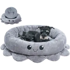 Cute Calming  Beds Clearance for Large Dogs,  Bolster  Bed with Octopus Shape, Grey, L, Boho, Round Pet Bed  with Removable Cushion