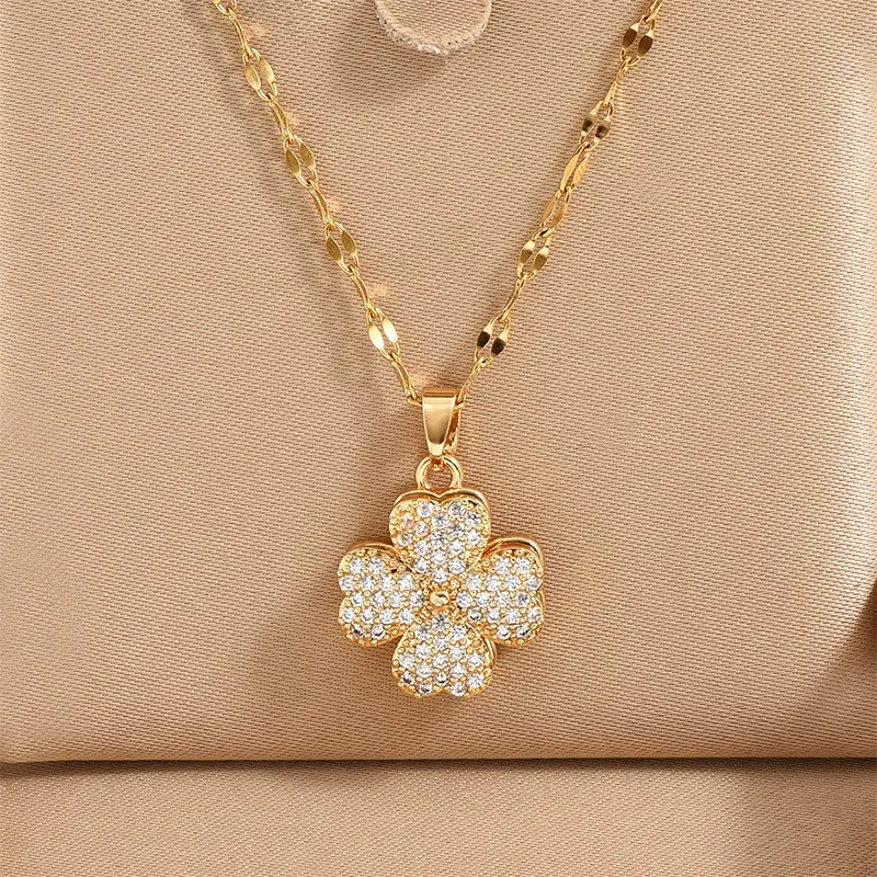 Women's 316 Stainless Steel 4 Leaf Clover Necklace - Rhinestone Pendant Lucky Charm Fashion Costume Jewelry