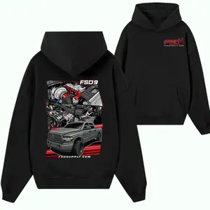 FSD Supply Co. "FSD 9" Precision Performance Hoodie – Black Heavyweight Streetwear featuring a Gray Custom Truck and Detailed Red Performance Engine Collage