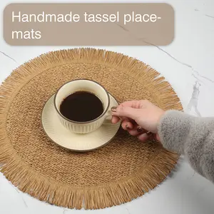 Handmade Paper Woven Tassel Edge Round Coasters, Placemats & Heat Insulated Pads for Home & Restaurant Use