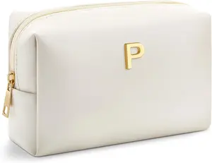 Gifts for Women Teen Girls Gifts for Bridesmaid Mom Teachers Graduation Birthday Wedding Personalized Initial Makeup Bag Beige PU Leather Monogram Cosmetic Waterproof Travel Toiletry Bag(P)