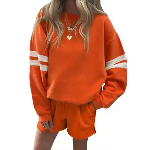 Znacicc Women's Game Day Casual Varsity Striped Sleeve Drop Shoulder Sweatshirt & Shorts Set 2025 Pullover Tops, Winteroutfit