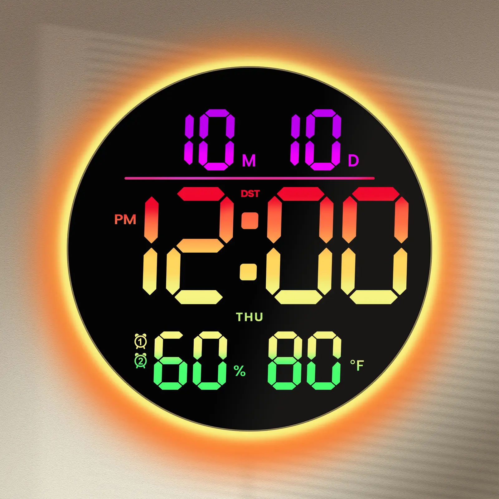 10" Round Modern Digital Wall Mount Clock - Auto-Dimming RGB Backlight, Countdown Timer, Dual Alarms, Temperature Humidity Sensor, Date LED Display - Christmas Gift for Home Office Antique Decor