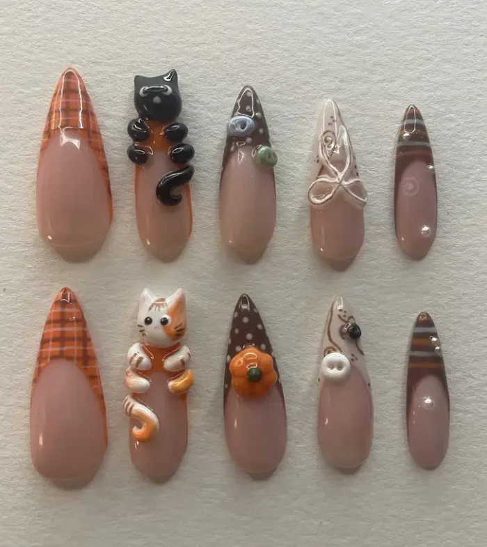 Cute Cat Press On Nails, Fall Plaid Pumpkin Nails, 3D Halloween Kitty Nails, Handmade Reusable Gel Nail Set