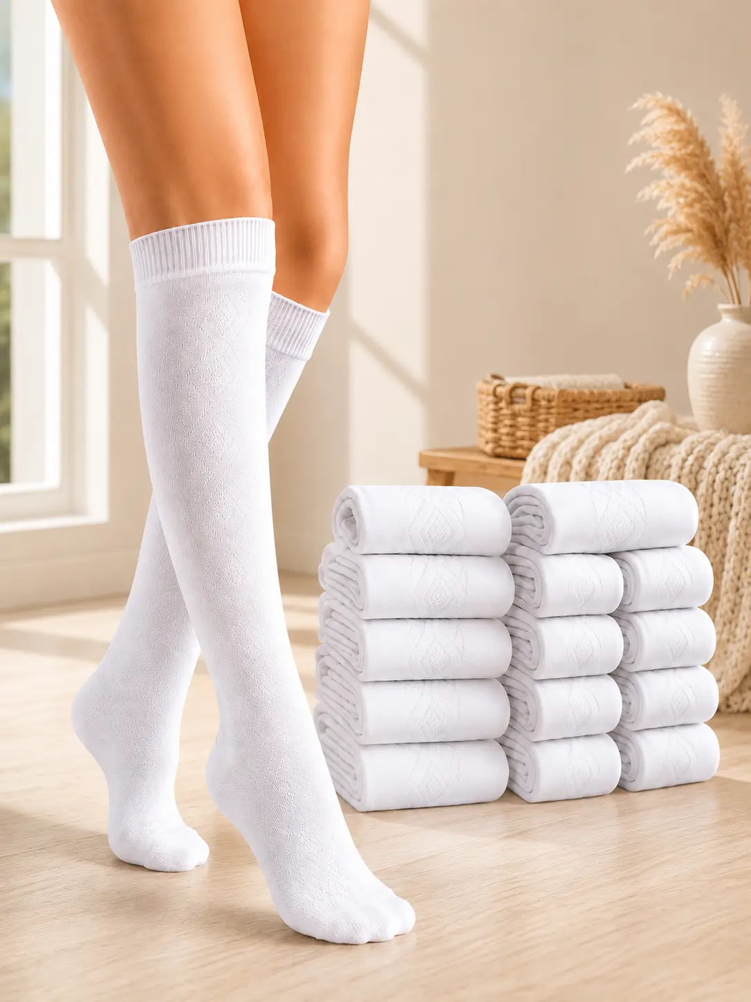 Soft & Cosy Knee High Socks, White, Soft Cotton, Stretch Fit, Breathable, 12 Pairs, Size 6-11