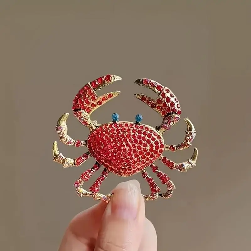 Sparkling Rhinestone Crab Brooch - Turquoise/Red/Gold - Inlaid Pin for Women's Jackets, Dresses, Party and Casual Outfits - Vintage Clothing Gift (No Plating, Suitable for All Seasons)