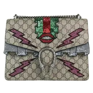 Pre-owned GUCCI Leather Shoulder Bags GG Logo Print Large Dinosaurus Shoulder Bag Limited Edition with Iconic GG Pattern and Colorful Lightning Bolts Design