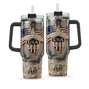 USA 250th Anniversary 40oz Tumbler with Handle, 1776–2026 Patriotic American Flag Cup, Insulated Travel Mug with Straw, Liberty Statue Eagle Design, 4th of July Gift, Large Capacity Drinkware, Independence Day Celebration Mug