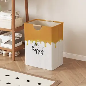Honey Bee Text Pattern Open Storage Box, Foldable Laundry Basket with Handle, Home Bathroom Collapsible Clothes Organizer Bucket