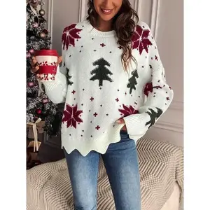 Women's Plus Size Christmas Sweater, Casual Loose Fit Knit Top, Snowflake Tree Pattern, Fall Winter Fashion, Elegant Style