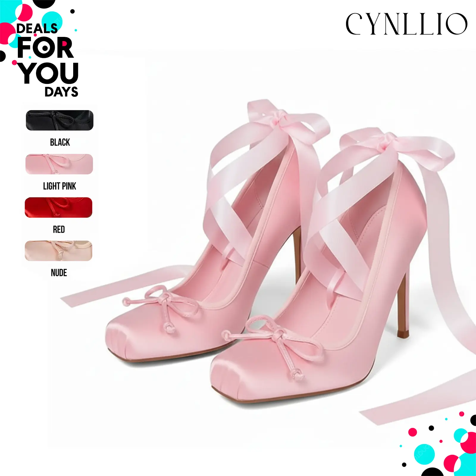 CYNLLIO Womens Satin Ballet Heels Closed-Back Pumps Bownot with Removable Ribbon Closed Square Toe Elegant Lace Up Ballerina Stiletto Heel Ankle Strappy Mary Janes Slip On Comfy Wedding Party Casual Work Dating Fashionable Spring Shoes Deals For You Days
