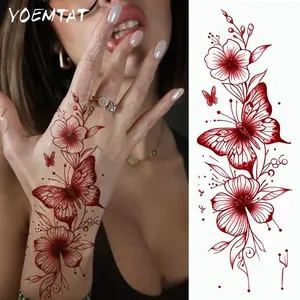 1 Sheets Big Size Body Art Temporary Tattoo Stickers For Women, Red Butterfly Flower Pattern, Waterproof Fake Tattoo, Lasts 2-5 Days, Covering Scars, Arms Wrist Shoulders Legs Waist Neck Hand Chest, Waterproof Realistic Tattoos