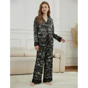 Yimoon  2 Piece Satin Pajama Set for Women Silk Pajamas Set  Floral Pj Set Long Sleeve Button Down Pjs Sleepwear