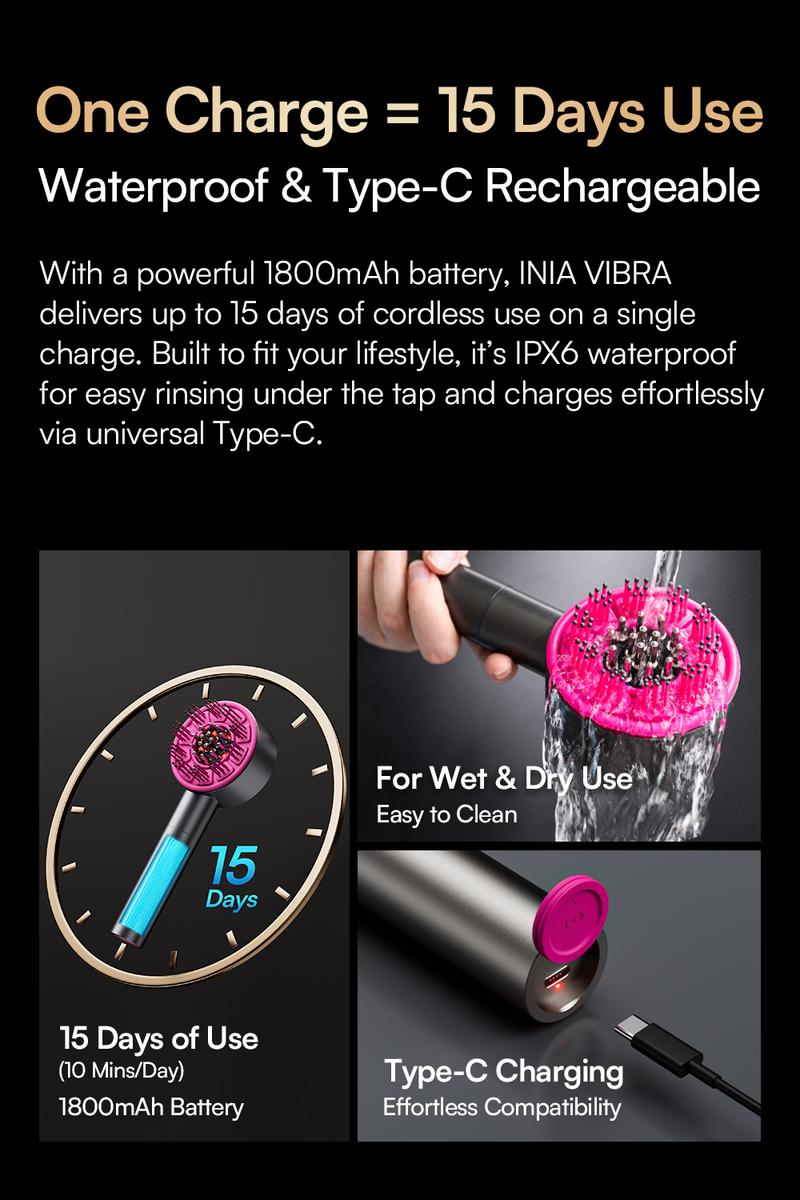 INIA VIBRA 4-in-1 Scalp Therapy Device, Red Light, Microcurrent, Massage, Serum Infusion, Scalp Massager Beauty Device, Waterproof & Wet/Dry Use, Perfect Holiday Gift