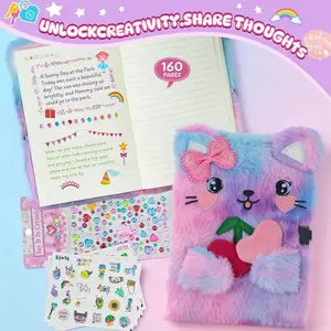 Pink Fluffy Kitten Lockable Diary Gift Set for Girls Complete with Key Jewelry Necklace Bracelet Earrings Ring Stickers Pen and Pouch A5 Secret Journal Keepsake Gift