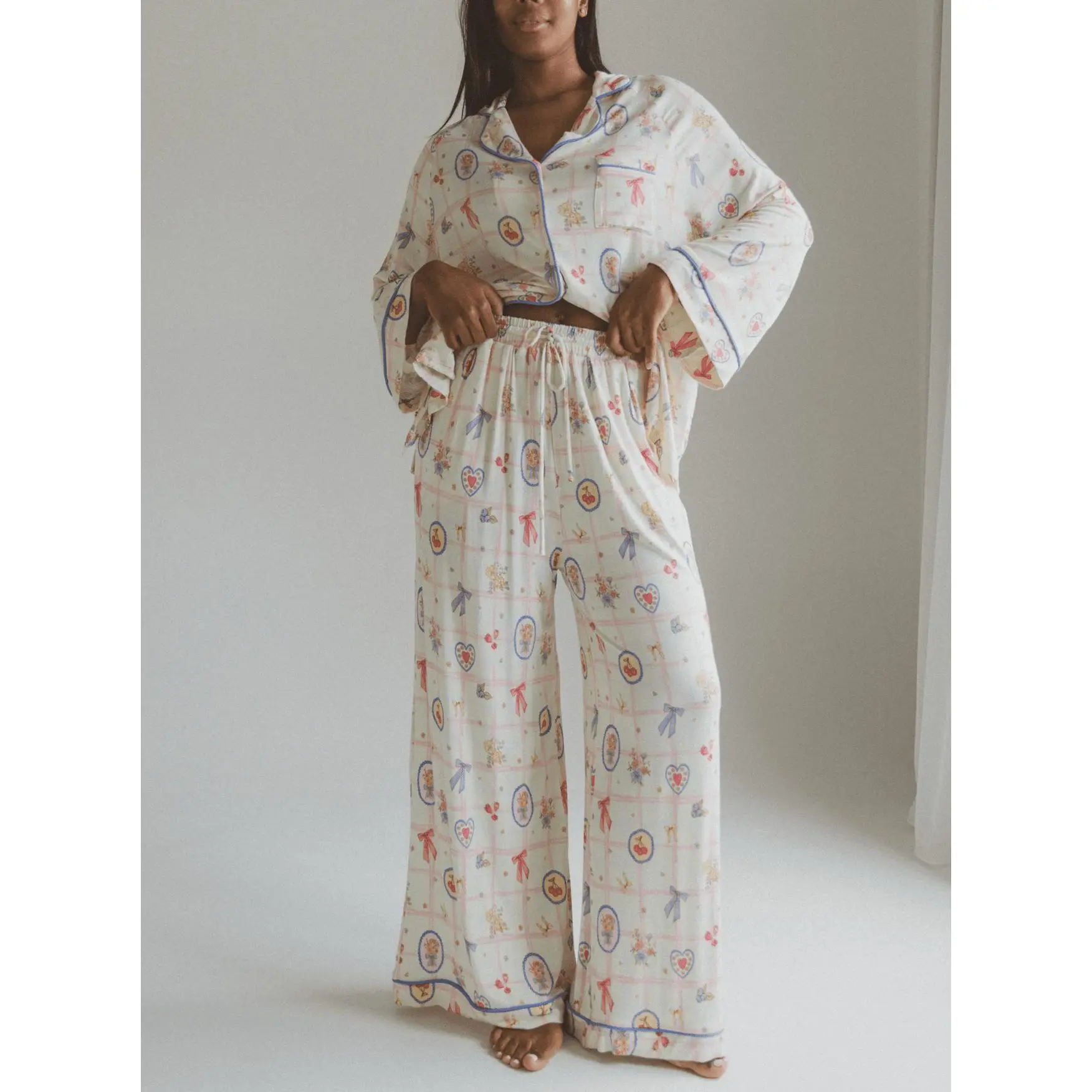 Women Pajama Set, Fruit Print Long Sleeve Top with Pants Loose Sleepwear Loungewear
