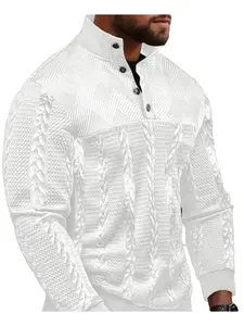 Men's jacquard material fashionable and casual Fitted long-sleeved polo for spring, autumn, and winter, vintage-buttoned small stand-up collar long-sleeved knitted sweatshirt, elastic hem ribbed spliced ​​outdoor sports henley shirt,