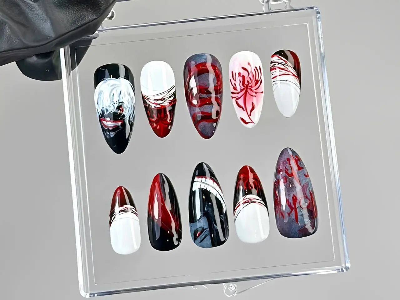 Anime Gothic Press On Nails Red Spider Lily Nails Handmade Dark Manga Nails Japanese Horror Press On Nails Reusable Almond Fake Nail Set