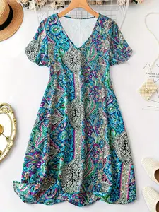 Fashion Casual Ethnic Print Vacation Beach Plus Size Short Sleeve Dress, Women's Summer Holiday, Comfortable and Stylish
