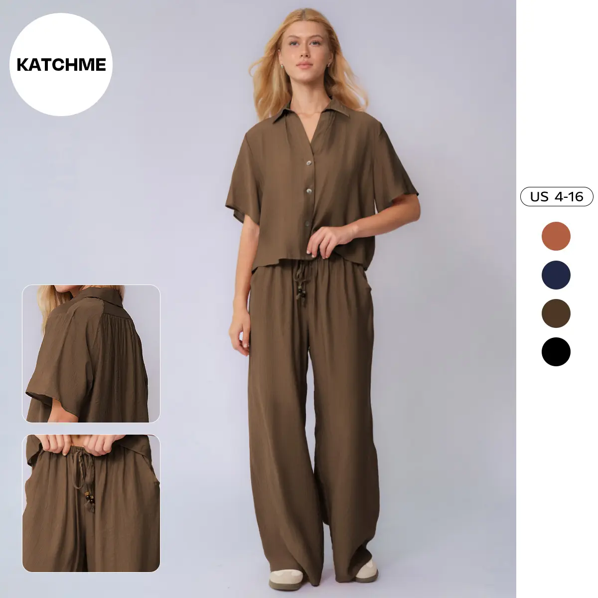 KatchMe Women's Classy Solid Color Collared Shell Button Loose Top & Drawstring Wide Leg Trousers Co-ord, Comfort Casual Set for Lady, Basic Two Piece Outfits