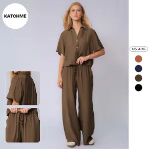 KatchMe Women's Classy Solid Color Collared Shell Button Loose Top & Drawstring Wide Leg Trousers Co-ord, Comfort Set for Lady, Basic Two Piece Outfits