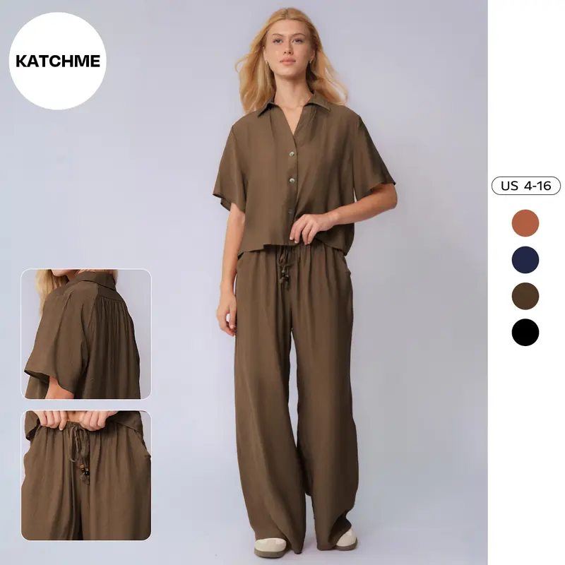 KatchMe Women's Classy Solid Color Collared Shell Button Loose Top & Drawstring Wide Leg Trousers Co-ord, Comfort Casual Set for Lady, Basic Two Piece Outfits