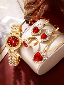 Women's Elegant Fashion Watch & Jewelry Set, Including Round Dial Analog Quartz Watch & Heart Shaped Pendant Necklace & Earrings & Ring