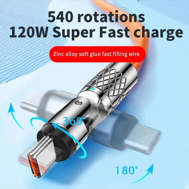 Silicone 120W USB to Type-C Cable Fast Charging Cable 540 Rotating Cable Data Cable 180 Degree Rotate Phone Charging Cable