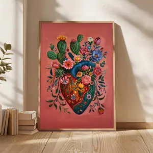 1pc Unframed Bohemian Botanical Cactus Heart Canvas Print - Artistic Retro Mexican Minimalist Abstract Artwork, Home Decor Decoration for Dorms, Living Rooms, Unframe-08×12inch(20×30cm)