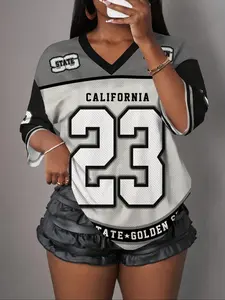 Y2K American Vintage Mesh Letter California Print Breathable Sports Ball Jersey Shirt Women, V Neck Number Print T-Shirt, Streetwear Festival Casual Top