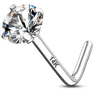 14K Real Gold Nose Studs 20G Nose Rings Studs L Shaped Nose Rings for Women Men Diamond CZ Nose Piercing