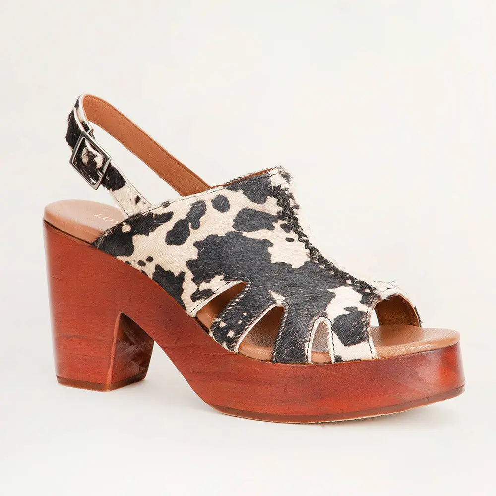 Women's Fashion Heeled Sandals - Dana Black and White Cowhide Print Open Toe Hair-on Leather Clogs, Footwear, Chic, Wood, Comfortable Heels, Statement Shoes, Bold Pattern