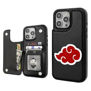 Naruto dawn organize Red Clouds Aesthetic Pattern Casing For iPhone 16 15 14 13 12 PRO PLUS MAX PU Leather Card Holder Stylish Gift Shockproof Protection Anti-Drop Protective Case Shell Cover Minimalist Design heritage phone Custom Protector fashionable