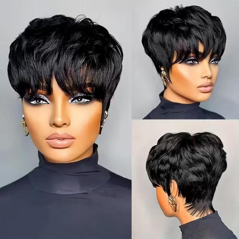 OPQHAIR Chic 6-Inch Black Pixie Cut Straight Wig with Bangs Rose Mesh Hat, Easy To Wear, Suitable For Daily Wear Women' Glueless Short Pixie Wig